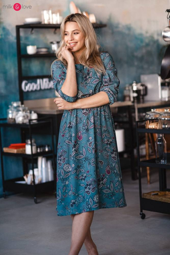 Сукня для вагітних і годуючих жінок, рукав 3/4 Lovely Dress Midi Milk&Love, - узори на бірюзі