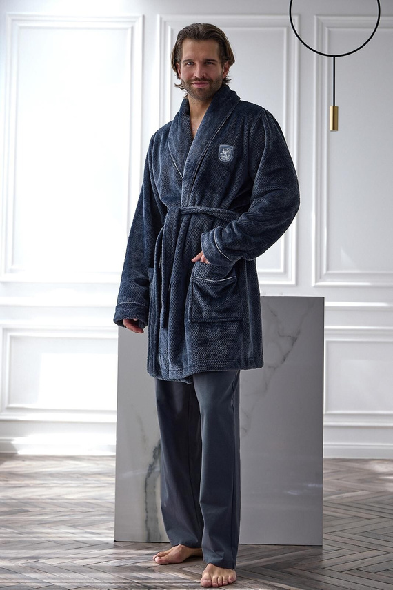 L&L Elegant 2664 чоловічий короткий халат вафельний м’який з коміром графітовий
