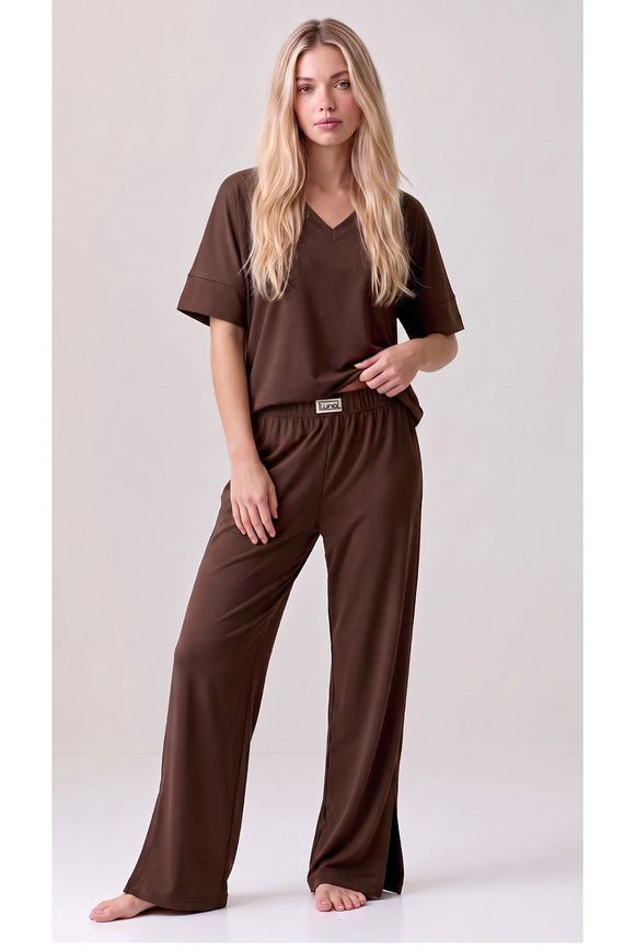 Luna 1314 коричнева жіноча піжама oversize 100% бавовна широкі штани