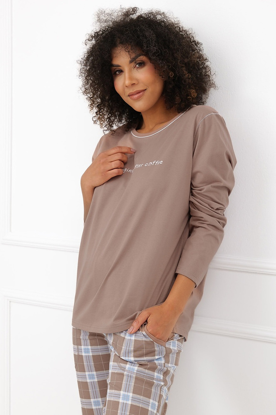 Піжама жіноча Italian Fashion Delma, 100% бавовна, довга, штани в клітинку капучино